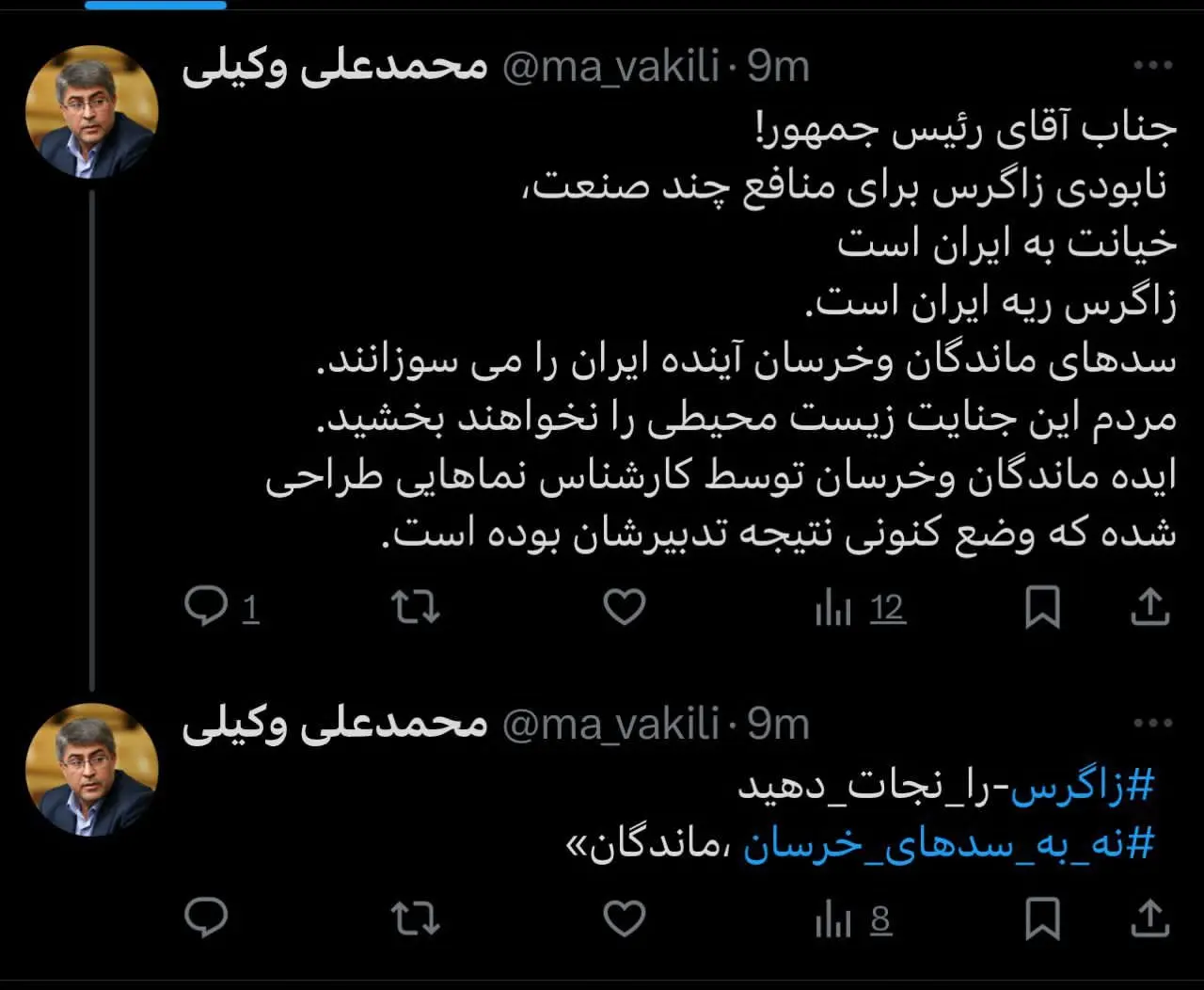 هشدار تند محمدعلی وکیلی به رئیس‌جمهور: نابودی زاگرس برای چند صنعت، خیانت به ایران