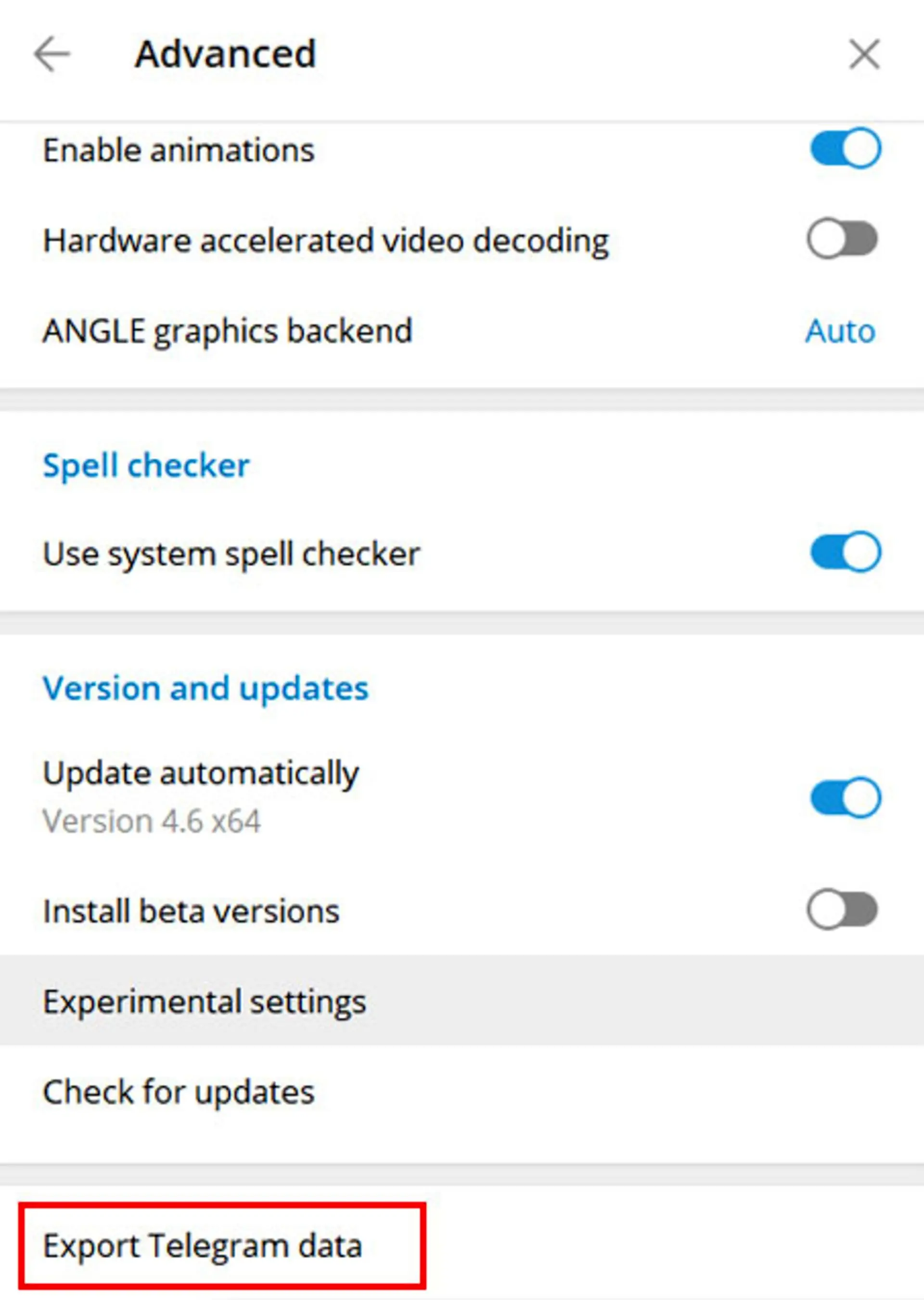 Export Data در تنظیمات تلگرام