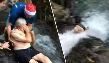 ماجواجویی خطرناک مرد ۸۷ ساله در بالای آبشار!