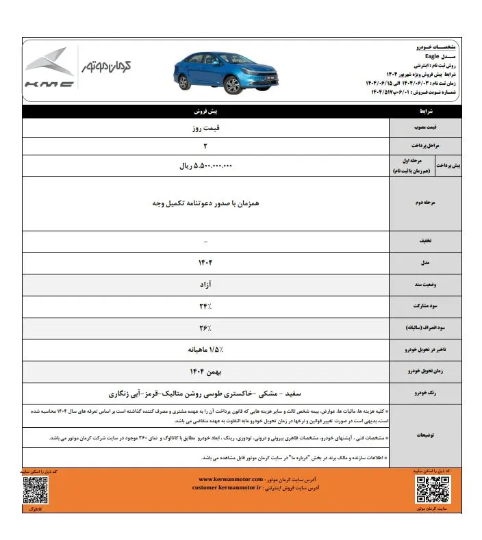 پیش فروش ۴ محصول کرمان موتور از دوشنبه