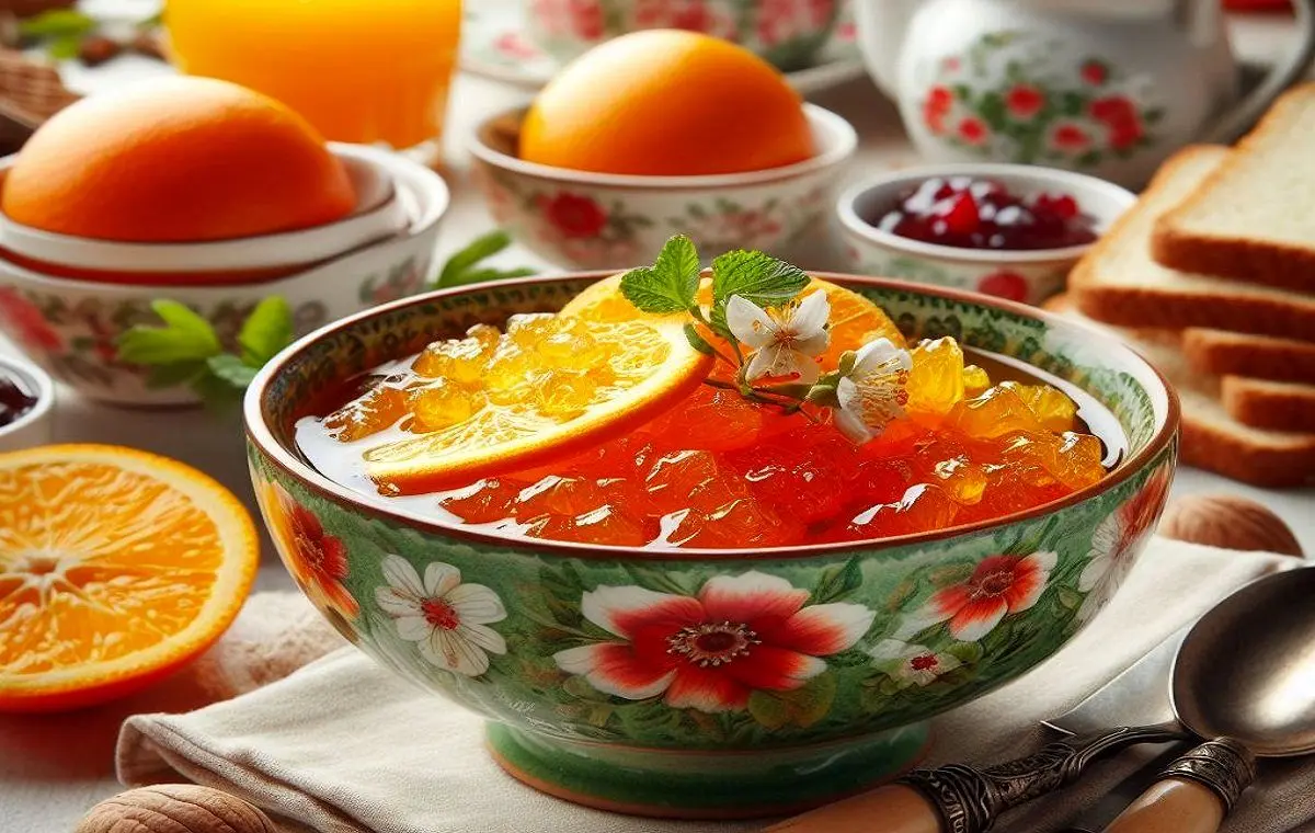 یک ظرف پر از مربای بهار نارنج برای صبحانه روی میز است