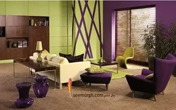 چیدن دکوراسیون داخلی با ترکیب رنگ سبز و بنفش
