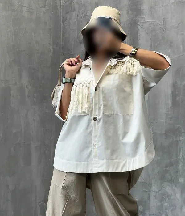 شومیز کتانی پیراهنی منگوله دار