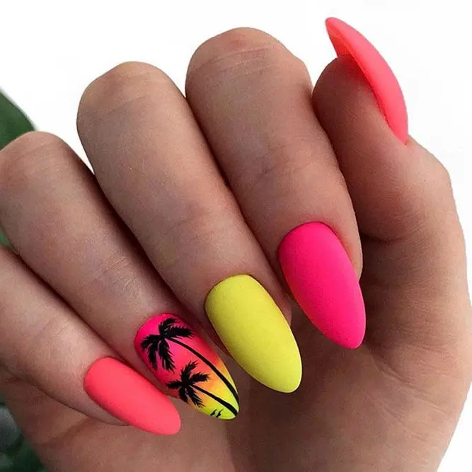 funky-summer-nail-designs-neon-pink-yellow-ombre-palm-pattern