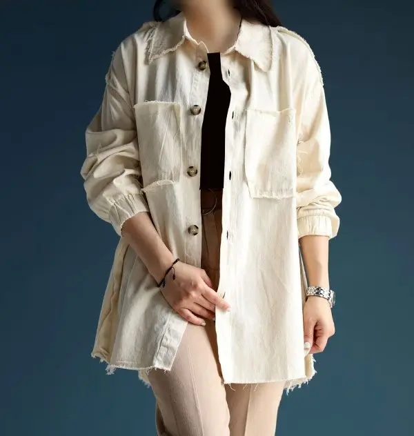 شومیز کتان سفید ریش ریشی