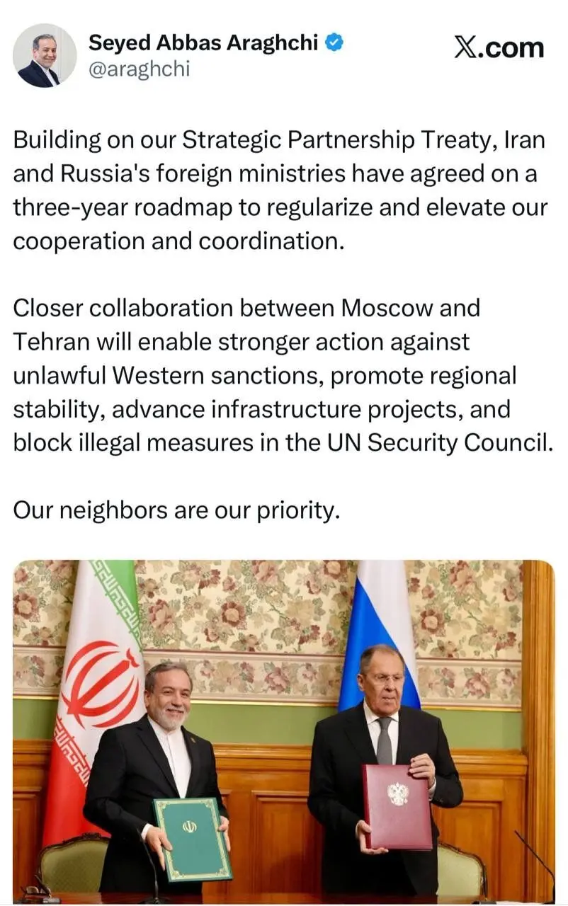 عراقچی خبر داد؛ توافق مهم ایران و روسیه بر سر یک نقشه راه سه‌ ساله