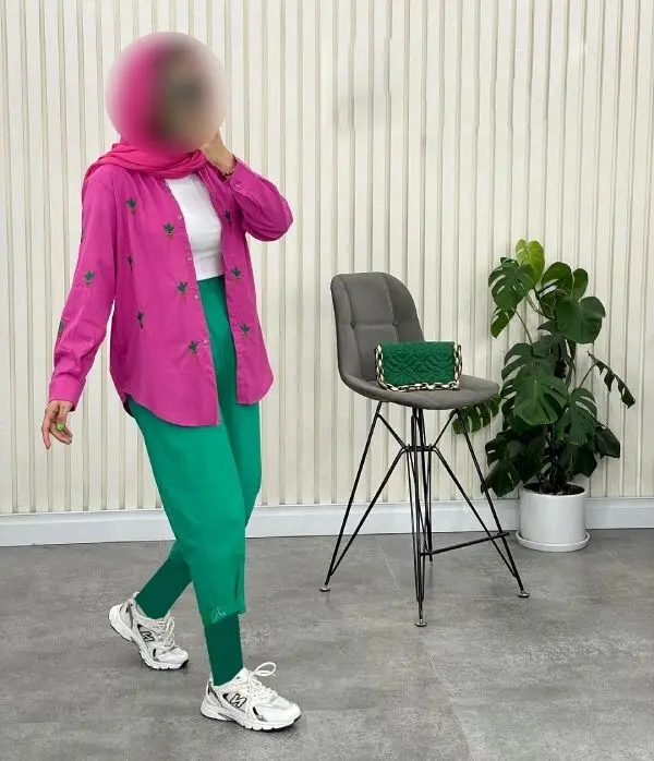 شومیز شلوار کتان صورتی و سبز دخترانه