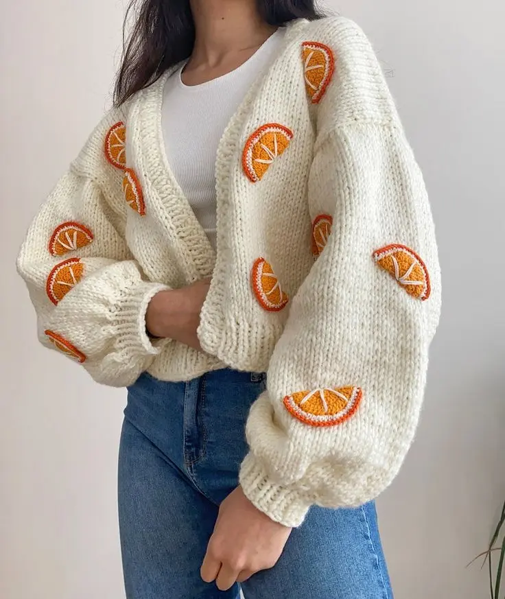 Hand-Knit-Chunky-Orange-CardiganSoft-Fruity-Women-SweaterHandmade-Crop-Knit-Kawaii-OutfitY2k-Top-with-Orange-SlicesHandmade-Warm-Jacket