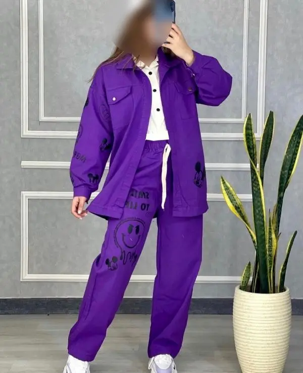 شومیز مانتویی کتان فانتزی بنفش