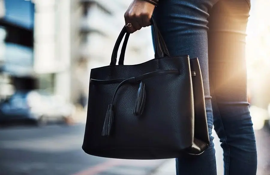 یک زن با یک کیف دستی مشکی بزرگ 