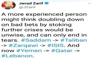 ظریف:شرط بندی بالاتر روی انتخاب های غلط با دامن زدن به بحران های بیشتر عاقلانه نیست