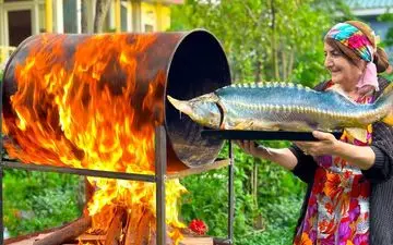 کباب کردن ماهی خاویاری در بشکه آذربایجان | غذای روستایی با طعم خاص