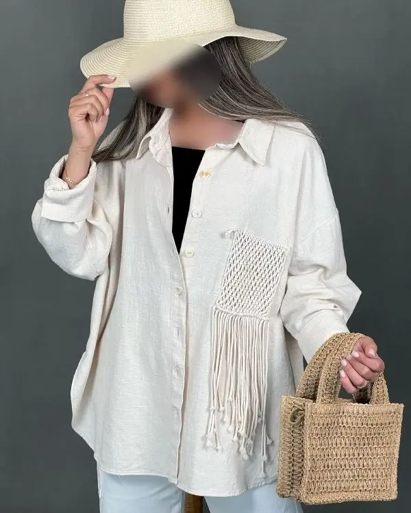 شومیز کتان سفید زنانه جیب بافت