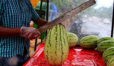 برش ماهرانه طالبی، آناناس و هندوانه؛  نمایش دیدنی فروشنده هندی