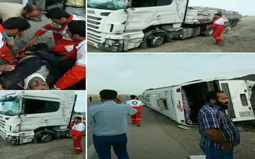  مسافر در تصادف اتوبوس با تریلی در تربت حیدریه مصدوم شدند 