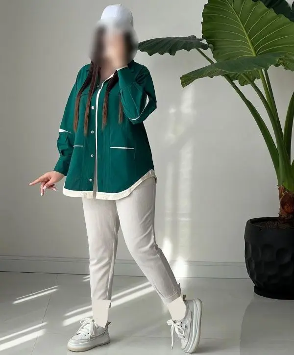 شومیز کتان رنگ سبز لاکچری و خامه دوزی شده