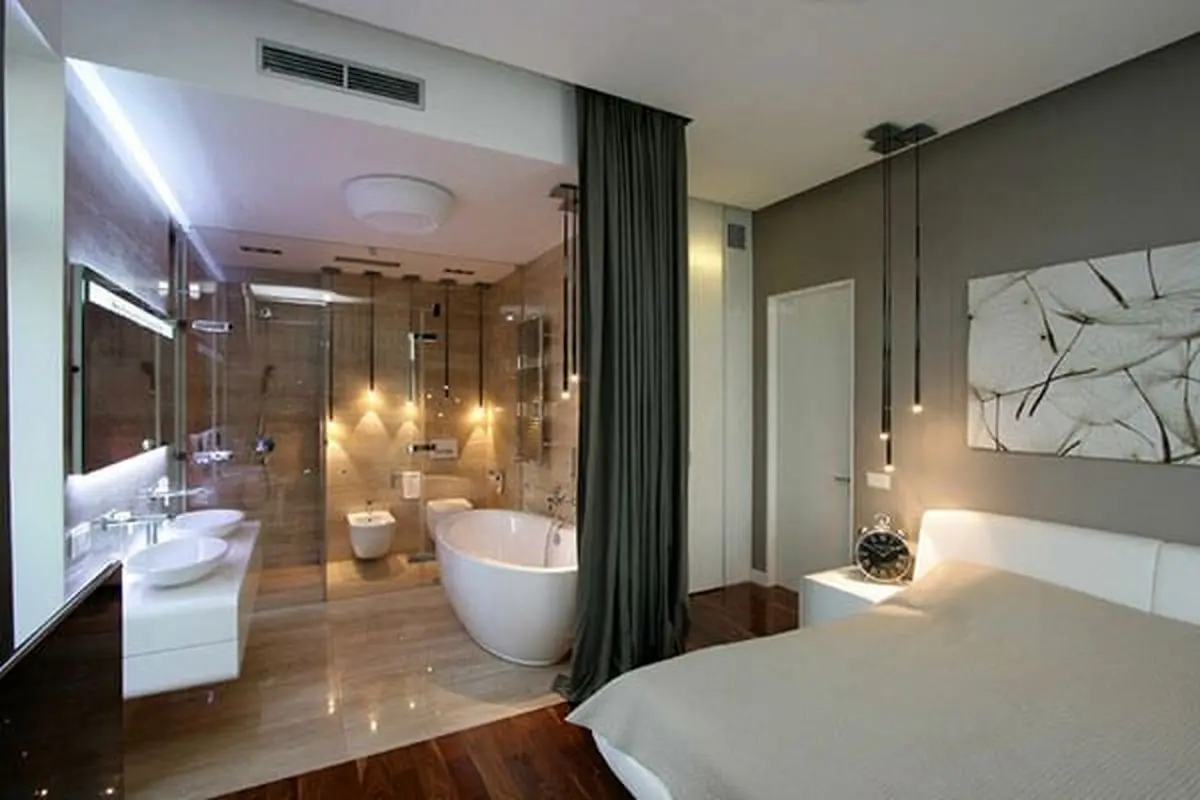 حمام شیشه‌ای در اتاق خواب، ایده‌ای جذاب برای بازسازی خانه
