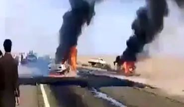 تصادف و آتش‌سوزی دو خودروی پژو در ریگان+فیلم