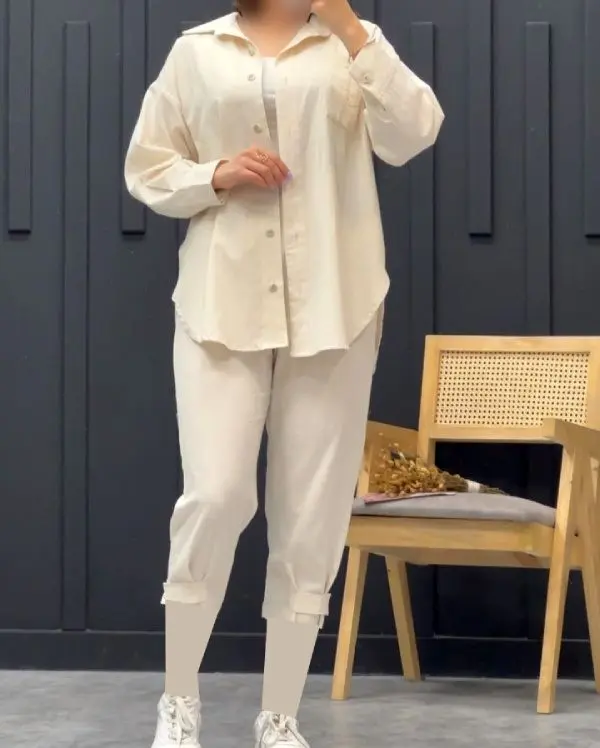 ست شومیز شلوار کتان رنگ سفید مدرن